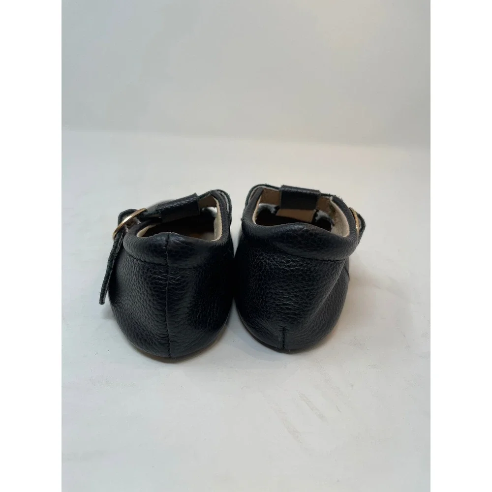 Picki Pair T-Strap Shoes Kids Size 8‎ Black Excellent Scalloped Leather Flats